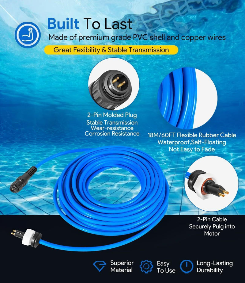 DURAFORCE 60ft 99958903-DIY Cable 2 Wire for Dolphin Maytronics Pool Cleaner S200 Active20