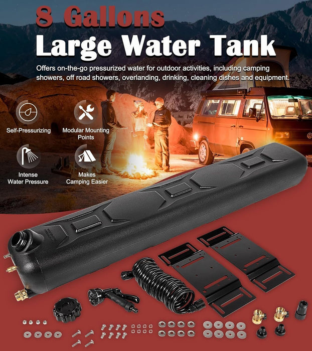 DURAFORCE Portable 8-Gallon Pressurized Water Tank for Camping Showers,Roof-Rack Shower