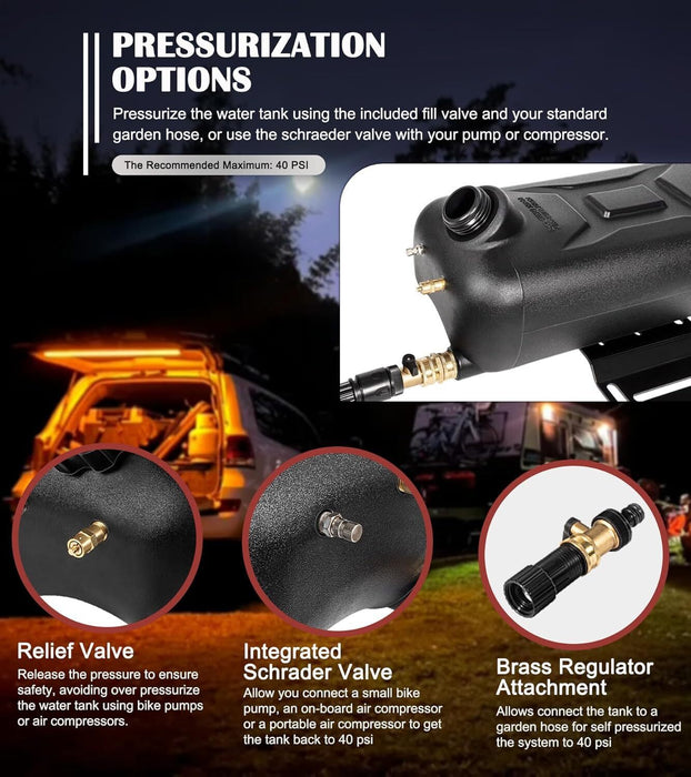 DURAFORCE Portable 8-Gallon Pressurized Water Tank for Camping Showers,Roof-Rack Shower