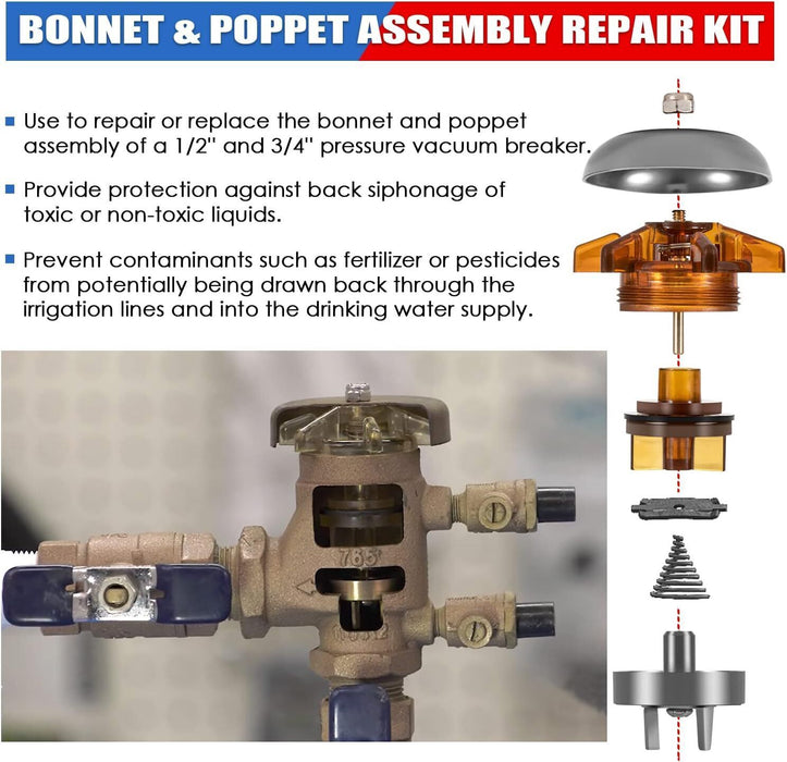 DURAFORCE 905-211 1/2"-3/4" Bonnet & Poppet Assembly Repair Kit for Febco PVB FRK 765-BP