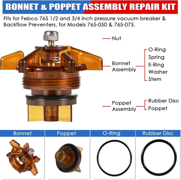 DURAFORCE 905-211 1/2"-3/4" Bonnet & Poppet Assembly Repair Kit for Febco PVB FRK 765-BP