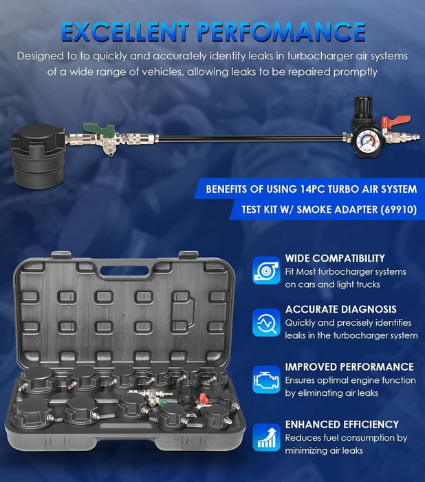 DURAFORCE 69910 14 Piece Turbo Air System Test Kit w/ Smoke Adapter 6 Pair Stepped Adapter