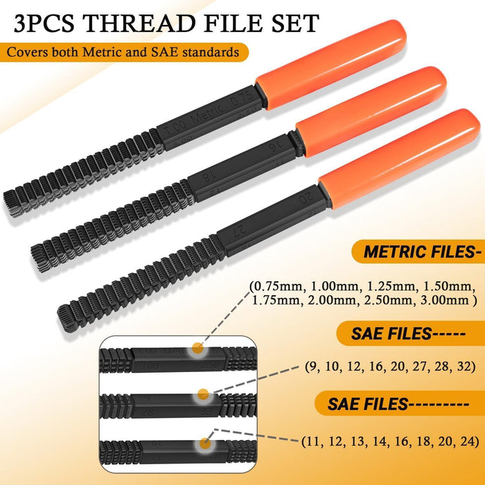 DURAFORCE 3Pcs/Set Thread Restorer File Chaser Set Metric & SAE Repair Hardward DIY 2573