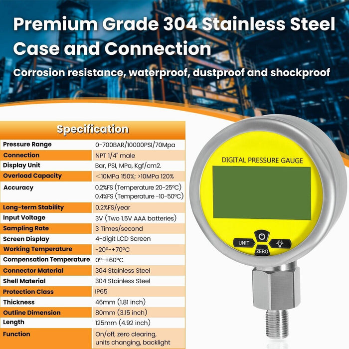 DURAFORCE 10000PSI Digital Hydraulic Pressure Gauge Test Coupling Kit 1/4 NPT 700BAR/70Mpa