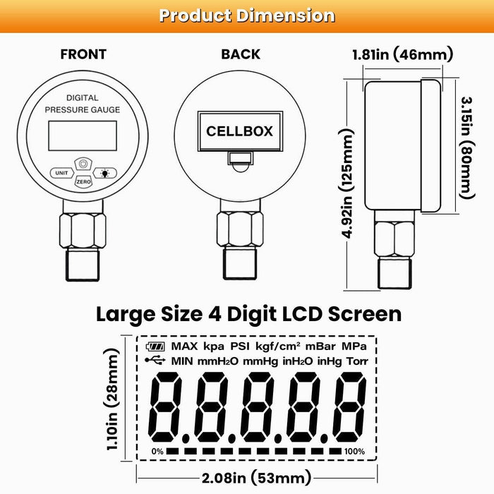 DURAFORCE 10000PSI Digital Hydraulic Pressure Gauge Test Coupling Kit 1/4 NPT 700BAR/70Mpa