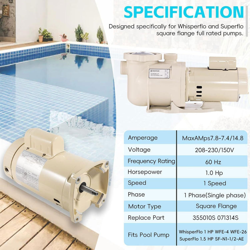DURAFORCE 355010S Pool Pump Motor 1HP for Pentair WhisperFlo WFE-4/26 SuperFlo SF-N1-1-AE