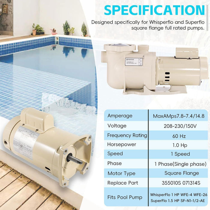 DURAFORCE 355010S Pool Pump Motor 1HP for Pentair WhisperFlo WFE-4/26 SuperFlo SF-N1-1-AE