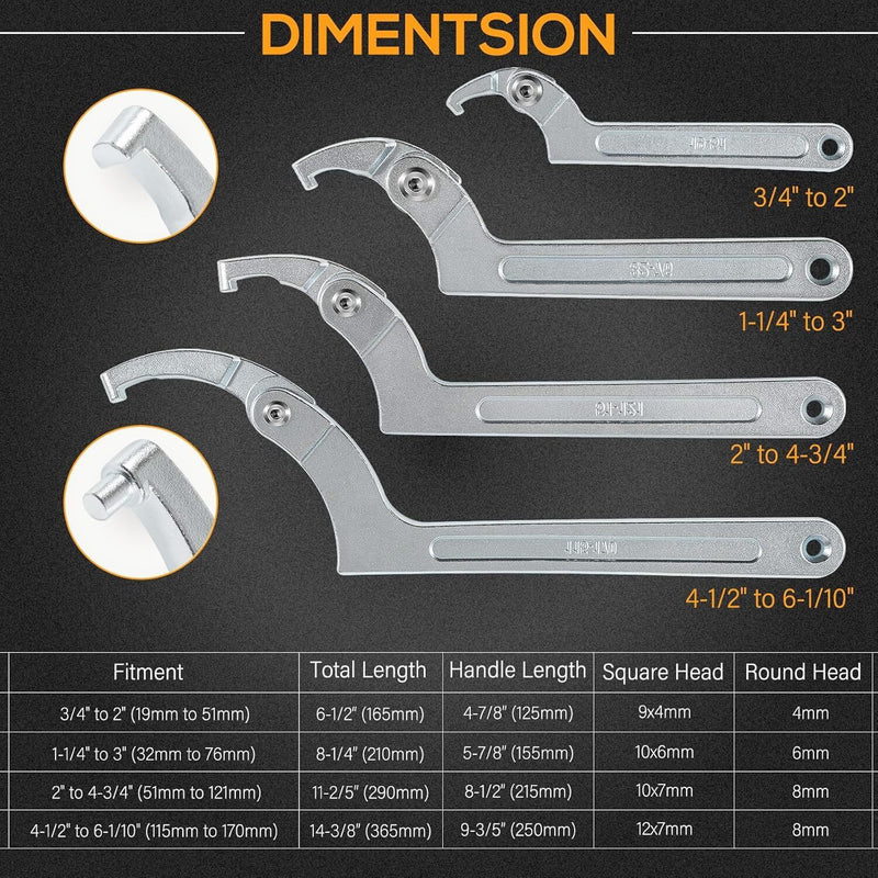 DURAFORCE 8Pcs Adjustable Hook C Pin Spanner Wrench Tool Set Nut Wrench 3/4" to 6-1/10"