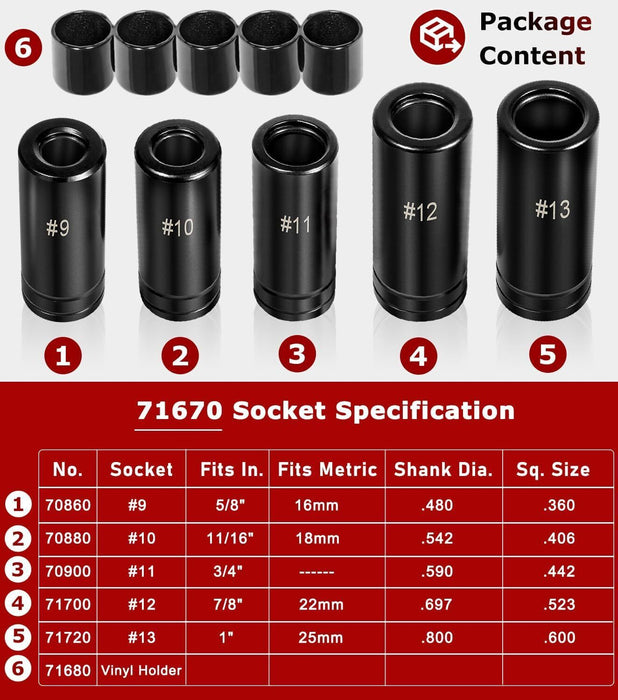DURAFORCE 71670 Large Tap Socket Set For 5/8", 11/16", 3/4", 7/8" and 1" Taps, 1/2" Drive