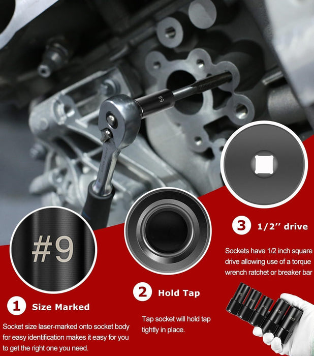 DURAFORCE 71670 Large Tap Socket Set For 5/8", 11/16", 3/4", 7/8" and 1" Taps, 1/2" Drive
