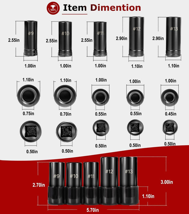 DURAFORCE 71670 Large Tap Socket Set For 5/8", 11/16", 3/4", 7/8" and 1" Taps, 1/2" Drive