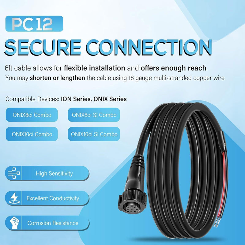 DURAFORCE PC12 Power Cord 6' Power Cable for Humminbird SOLIX ION ONIX Fishfinder 720085-1