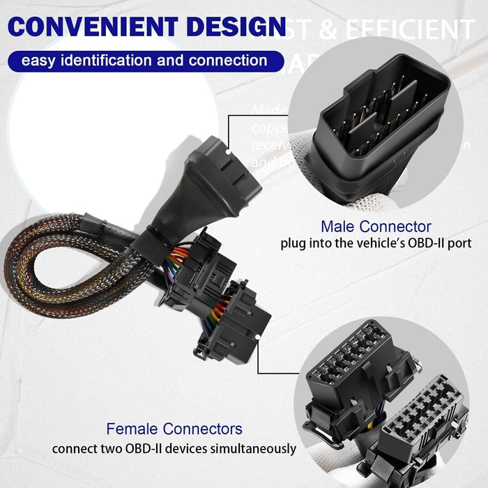 DURAFORCE 16 pin OBD2 OBD 2 OBDii Splitter Extension Cable Male Dual Female Y Cable