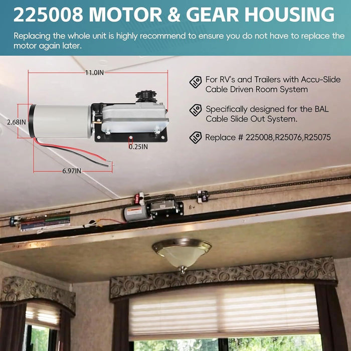 DURAFORCE 225008 RV Slide Out Motor & Gear Housing for BAL Accu-Slide Cable Slide Out Syst