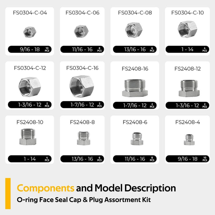 DURAFORCE 128 PCS JIC and ORFS Hydraulic Cap and Plug Hose Tube and Pipe Cap and Plug Kit