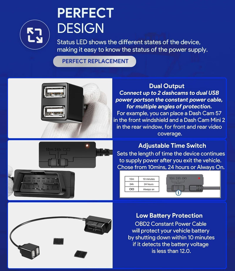 DURAFORCE 010-12530-23 Constant Power Cable for Garmin Dash Cam 46, 56, 57, 66W, 67W