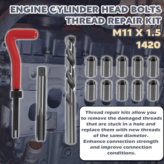 DURAFORCE 1420 Engine Cylinder Head Bolt Repair Tool Kit M11.5mm x 1.5 For Honda Toyota