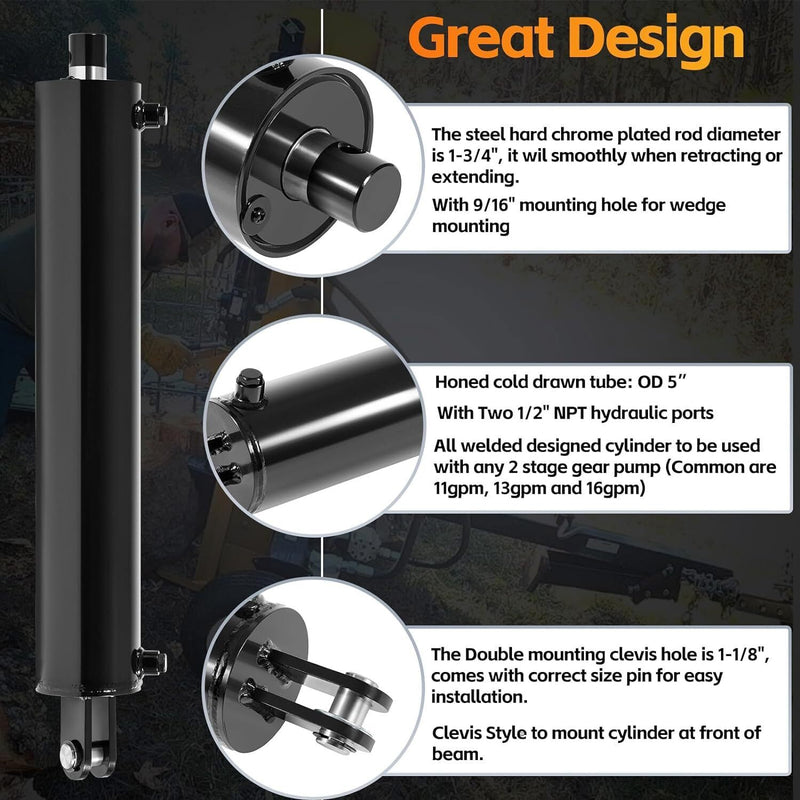 DURAFORCE 4.5" Bore x 24" Stroke Hydraulic Cylinder Welded Double Acting For Log Splitter