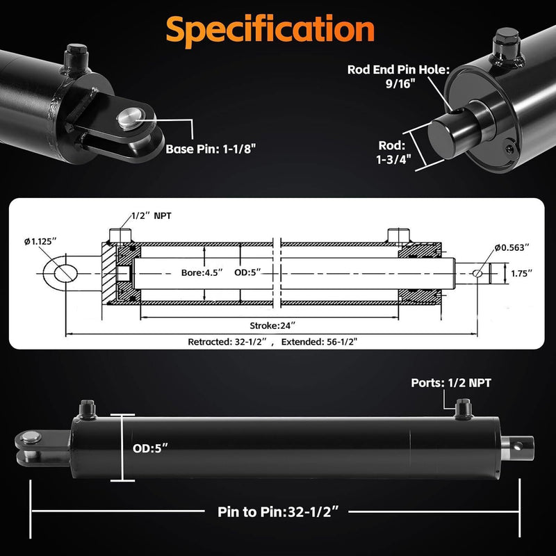 DURAFORCE 4.5" Bore x 24" Stroke Hydraulic Cylinder Welded Double Acting For Log Splitter