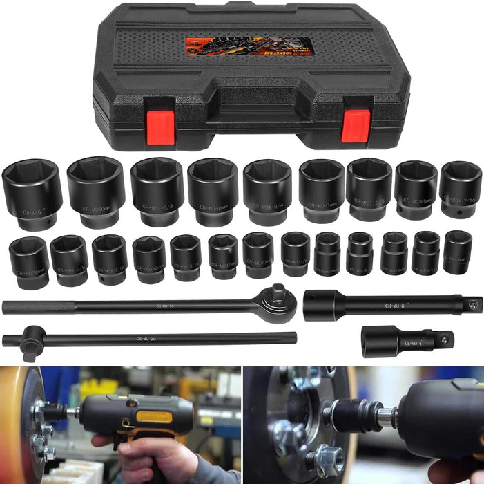 DURAFORCE 27Pcs 3/4-Inch Drive SAE & Metric Impact Socket Set for Trailers Trucks Tractors