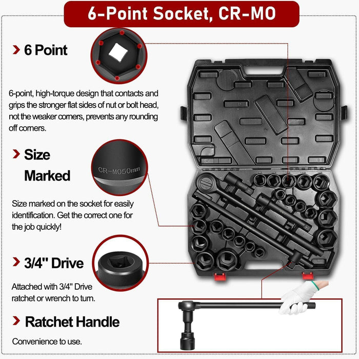 DURAFORCE 27Pcs 3/4-Inch Drive SAE & Metric Impact Socket Set for Trailers Trucks Tractors