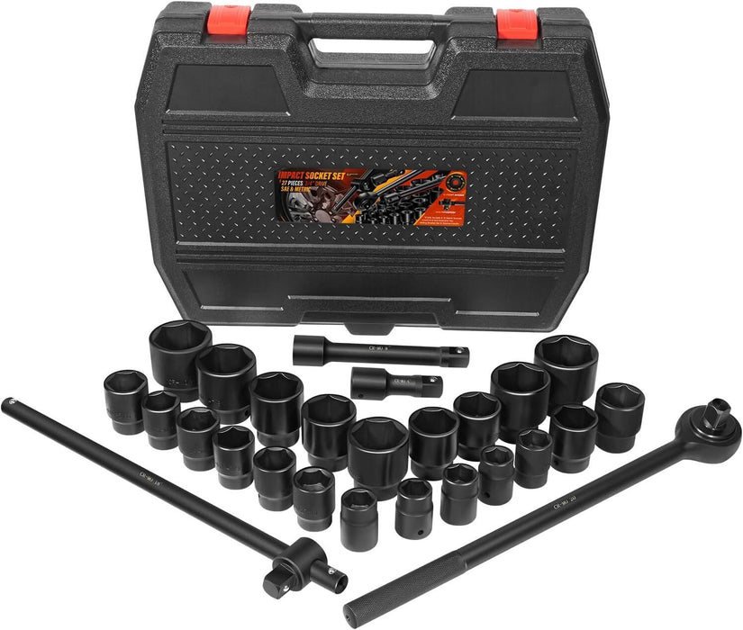 DURAFORCE 27Pcs 3/4-Inch Drive SAE & Metric Impact Socket Set for Trailers Trucks Tractors