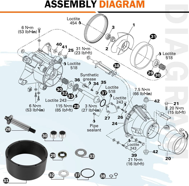 DURAFORCE For 1994-2002 SeaDoo Jet Pump Rebuild Kit Wear Ring Impeller Shaft Seal Oil Tool