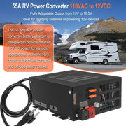 DURAFORCE 55 Amp RV Power Converter, 110VAC to 12VDC, 55A RV Power Converter Charger, Lith