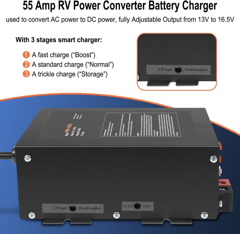 DURAFORCE 55 Amp RV Power Converter, 110VAC to 12VDC, 55A RV Power Converter Charger, Lith