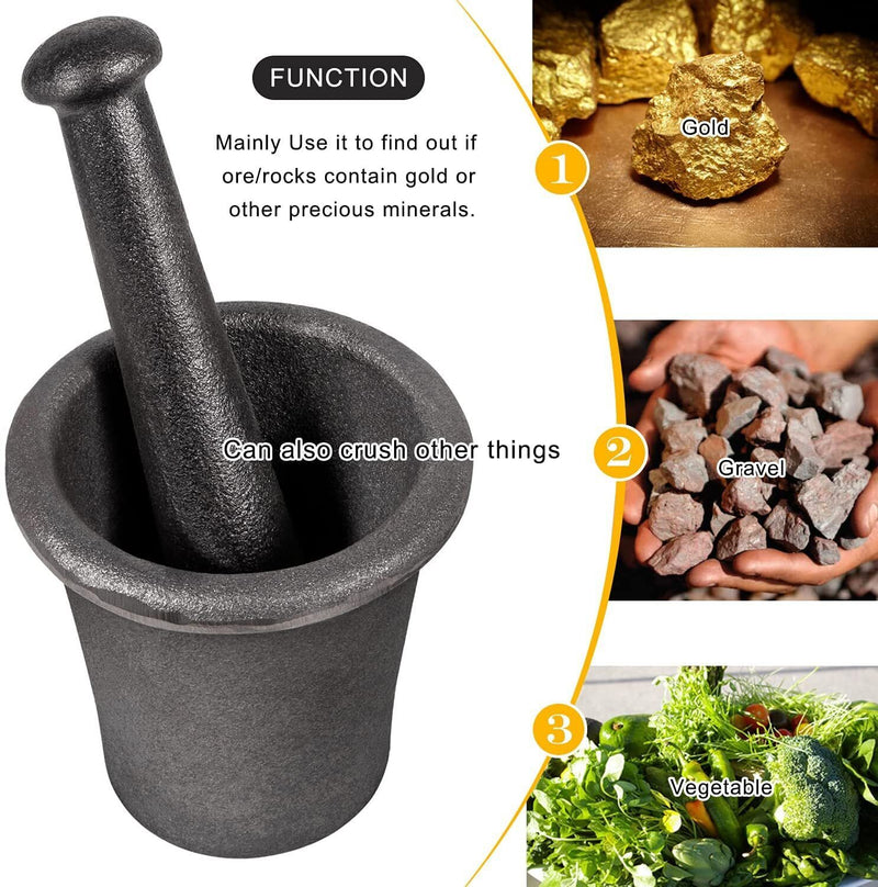 DURAFORCE Cast Iron Mortar Pestle Tool Rock-Ore Crusher-Assay-Gold-Pulverizer-Quart-Silver