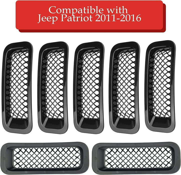 DURAFORCE 7pcs Black Front Mesh Grille Grill Insert Trim Kit for Jeep Patriot 2011-2018