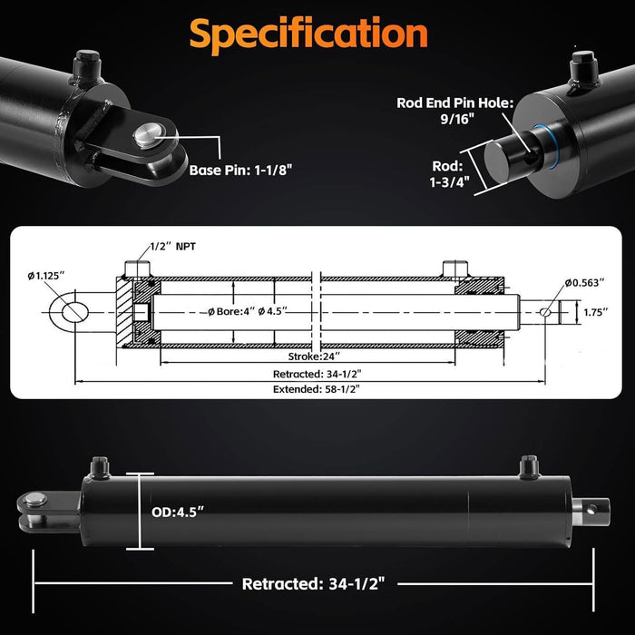 DURAFORCE Hydraulic Cylinder Welded Double Acting 4" Bore 24" For Log Splitter 3500 PSI