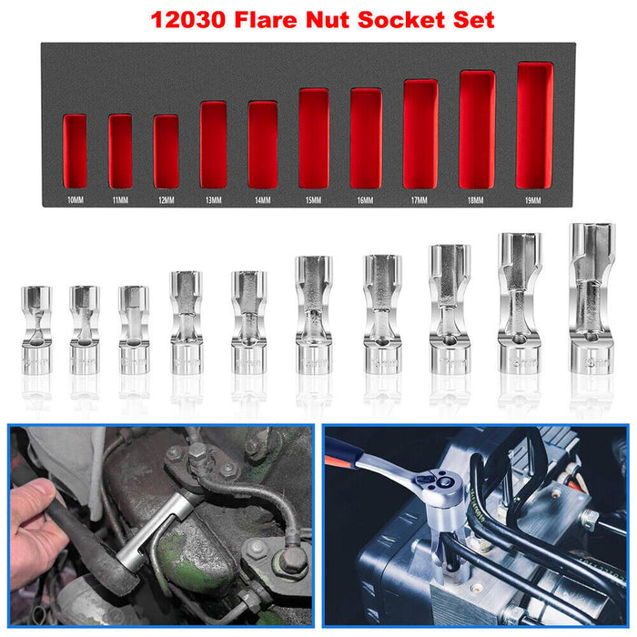 DURAFORCE 12030 Flare Nut Socket Set 3/8" Drive Fuel Line Socket Wrench 10mm-19mm 10PCS
