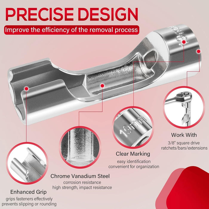 DURAFORCE 12030 Flare Nut Socket Set 3/8" Drive Fuel Line Socket Wrench 10mm-19mm 10PCS