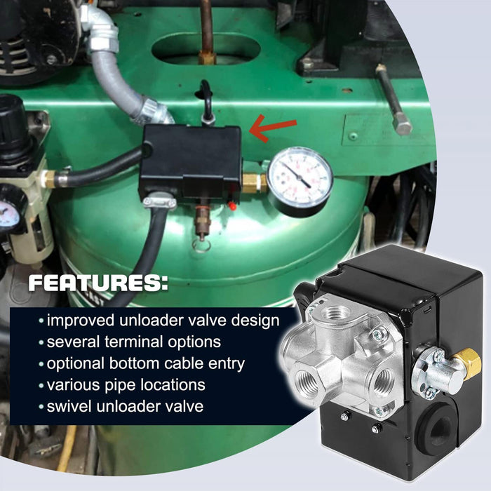 DURAFORCE 23474570 Pressure Switch with On/Off Lever for Ingersoll Rand 5HP Air Compressor