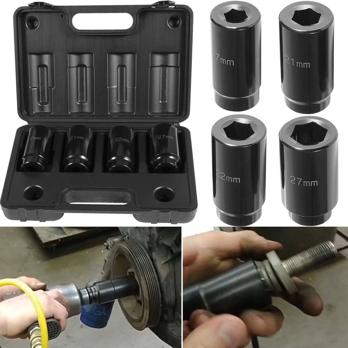 17MM 21MM 22M 27MM Harmonic Balancer Socket Set, Crank Bolt Socket Rem ...