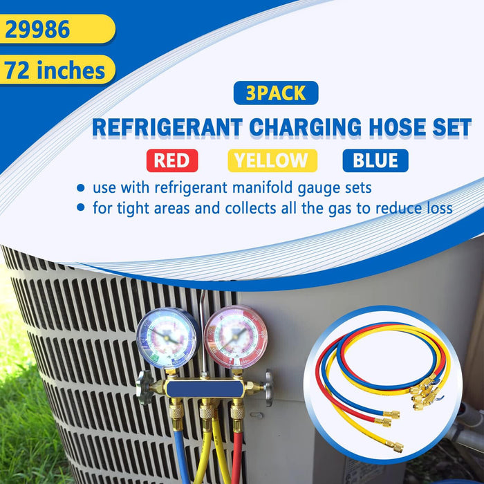 DURAFORCE 29986 Plus II 1/4" Red Blue Yellow Charging Hose Compact Ball Valve 72" 3 Pack