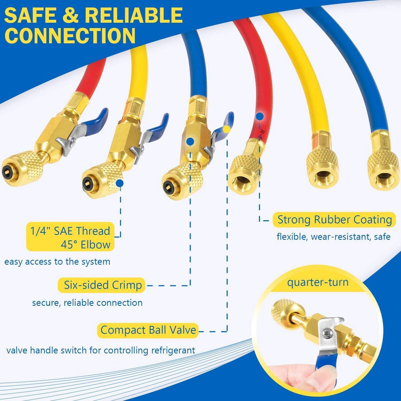 DURAFORCE 29986 Plus II 1/4" Red Blue Yellow Charging Hose Compact Ball Valve 72" 3 Pack