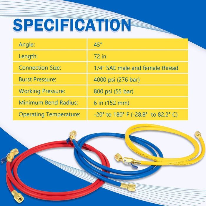 DURAFORCE 29986 Plus II 1/4" Red Blue Yellow Charging Hose Compact Ball Valve 72" 3 Pack
