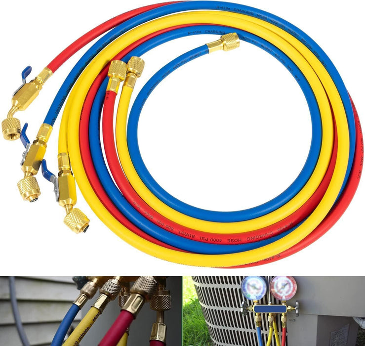 DURAFORCE 29986 Plus II 1/4" Red Blue Yellow Charging Hose Compact Ball Valve 72" 3 Pack