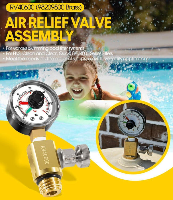 DURAFORCE for Pentair RV40600 98209800 Brass AIR RELIEF VALVE GAUGE FNS Plus Clean & Clear