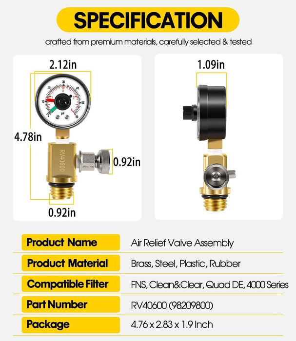 DURAFORCE for Pentair RV40600 98209800 Brass AIR RELIEF VALVE GAUGE FNS Plus Clean & Clear