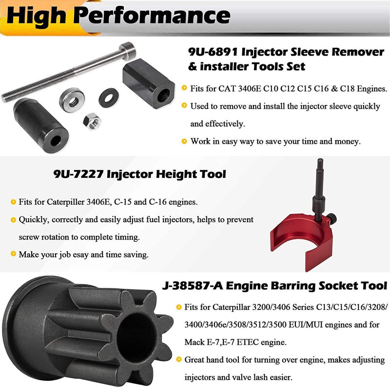 DURAFORCE 9U-6891 Injector Sleeve Tool+Injector Height Tool+Socket for CAT 3406E C-15 C-16