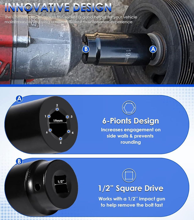 DURAFORCE 19mm Harmonic Balancer Impact Socket Pulley Damper Bolt Tool for Honda Engines