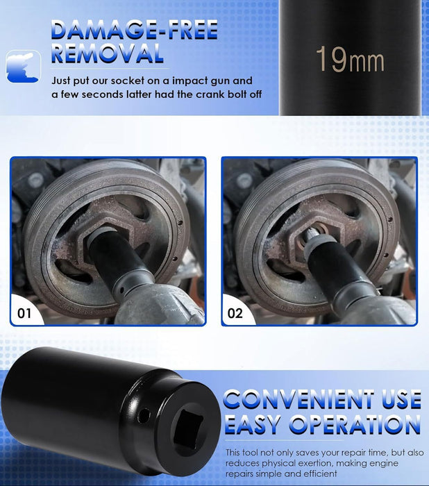 DURAFORCE 19mm Harmonic Balancer Impact Socket Pulley Damper Bolt Tool for Honda Engines