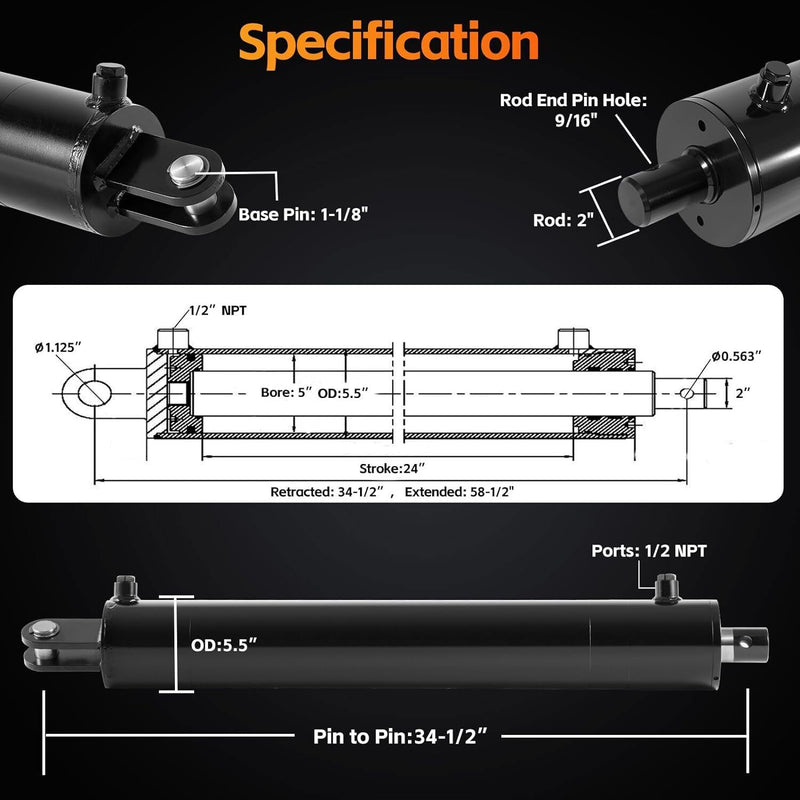 DURAFORCE Hydraulic Cylinders Welded Double Acting 5" Bore 24"Stroke For Log Splitter 5x24