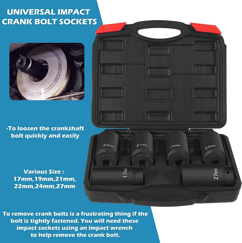 DURAFORCE 6 Pack Crank Bolt Socket Set 17/19/21/22/24/27mm Harmonic Balancer Impact Socket