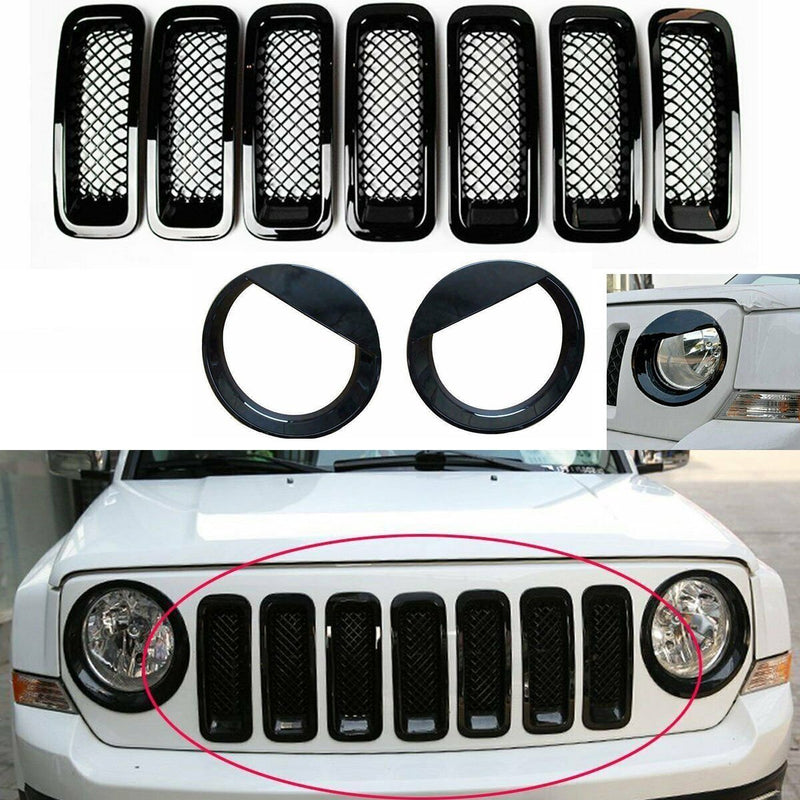 DURAFORCE Front Mesh Grille Grill Angry Bird Headlight Cover for Jeep Patriot 2011-2018