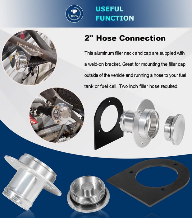 DURAFORCE 2" Fuel Filler Neck With Gas Cap Billet Aluminum & Weld-On Steel Mount Bracket