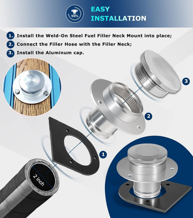 DURAFORCE 2" Fuel Filler Neck With Gas Cap Billet Aluminum & Weld-On Steel Mount Bracket